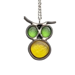 Who Wants Me?! Cute Vintage Glass Owl Pendant Charm Long Necklace Silver Tone